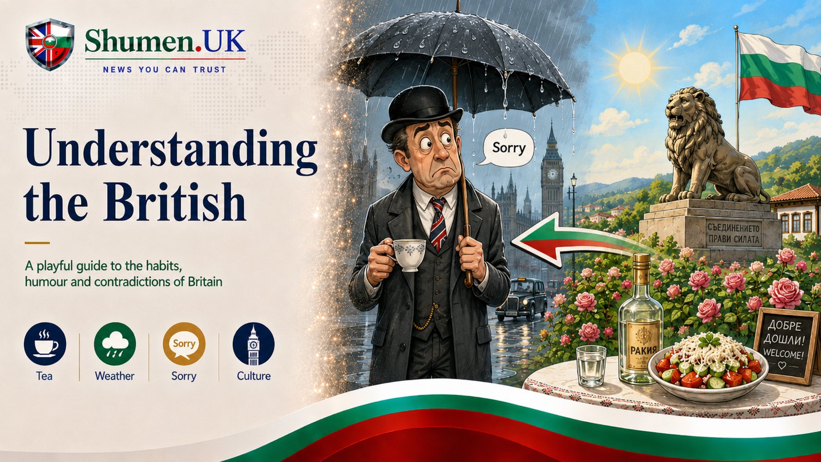 A playful illustration of British habits, the Shumen.UK survival manual for Bulgarians