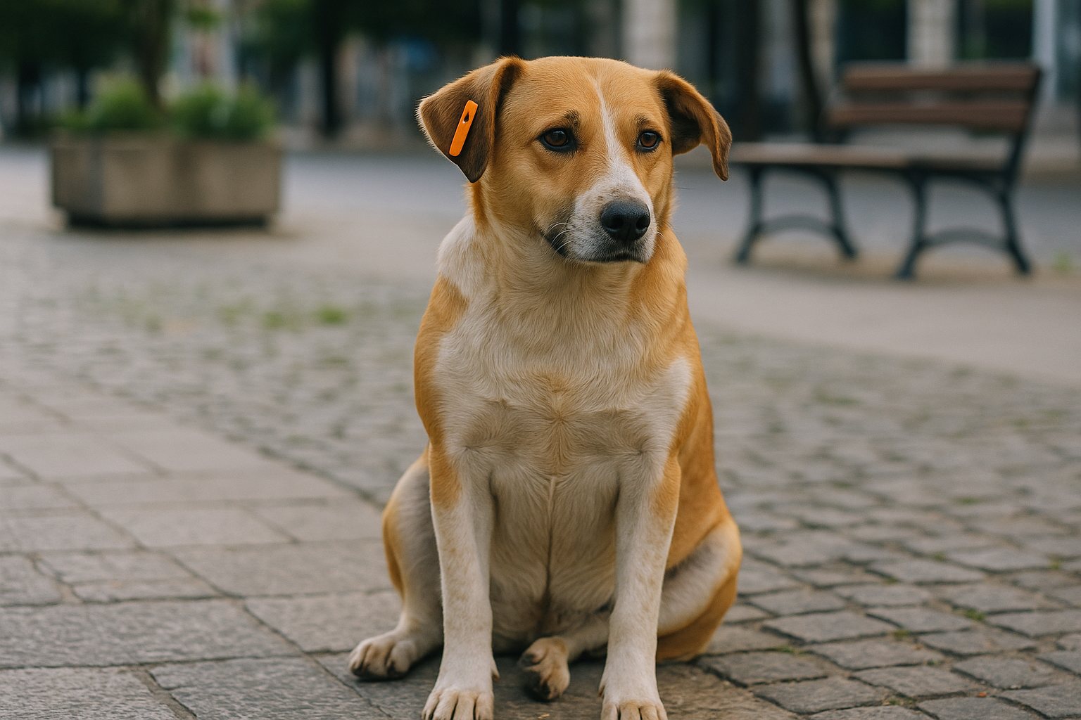A medium-sized tan-and-white Bulgarian street dog sitting calmly on a city pavement with a small orange plastic ear tag visible, indicating it has been through the municipal trap-neuter-vaccinate-return programme