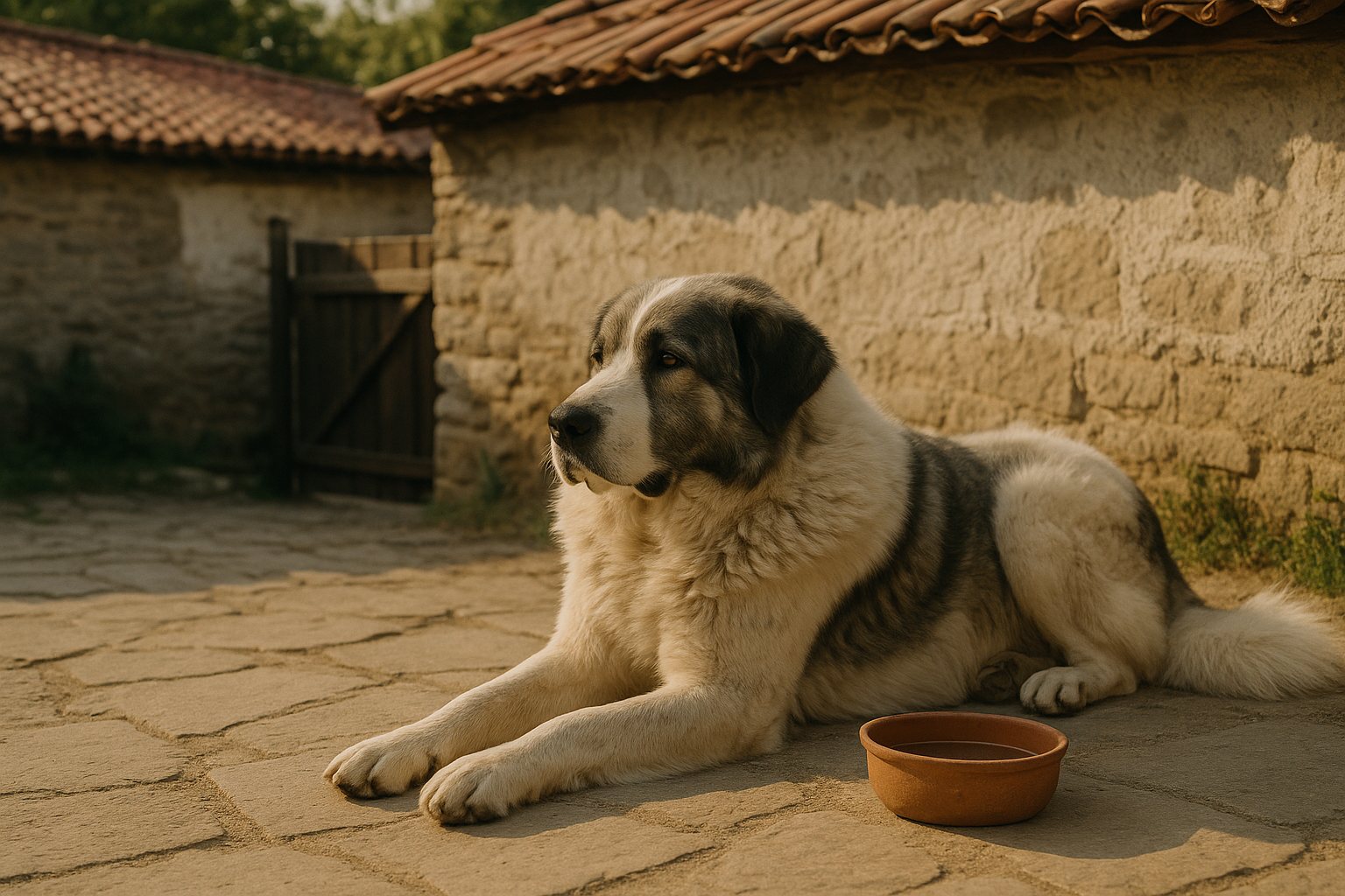 A calm healthy Karakachan-type Bulgarian shepherd dog lying peacefully in a traditional village courtyard in late afternoon sun