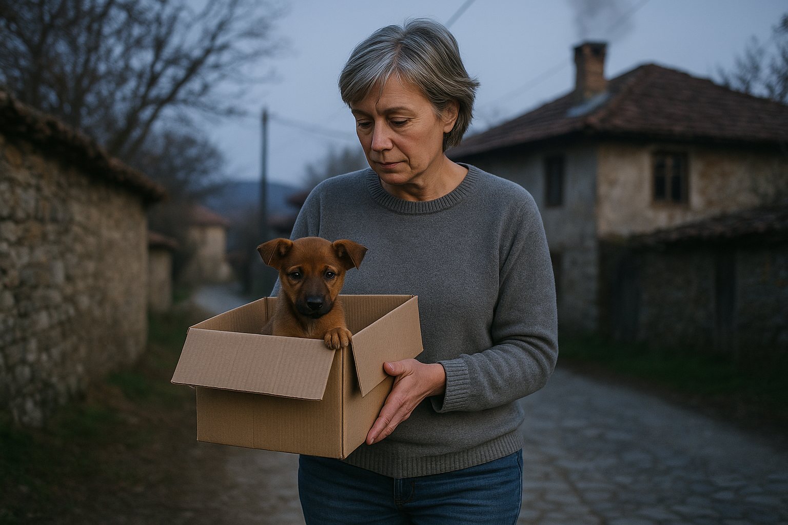A middle-aged British woman in a casual jumper carries a small open cardboard box with a young brown puppy peeking out, along a Bulgarian village lane at dusk