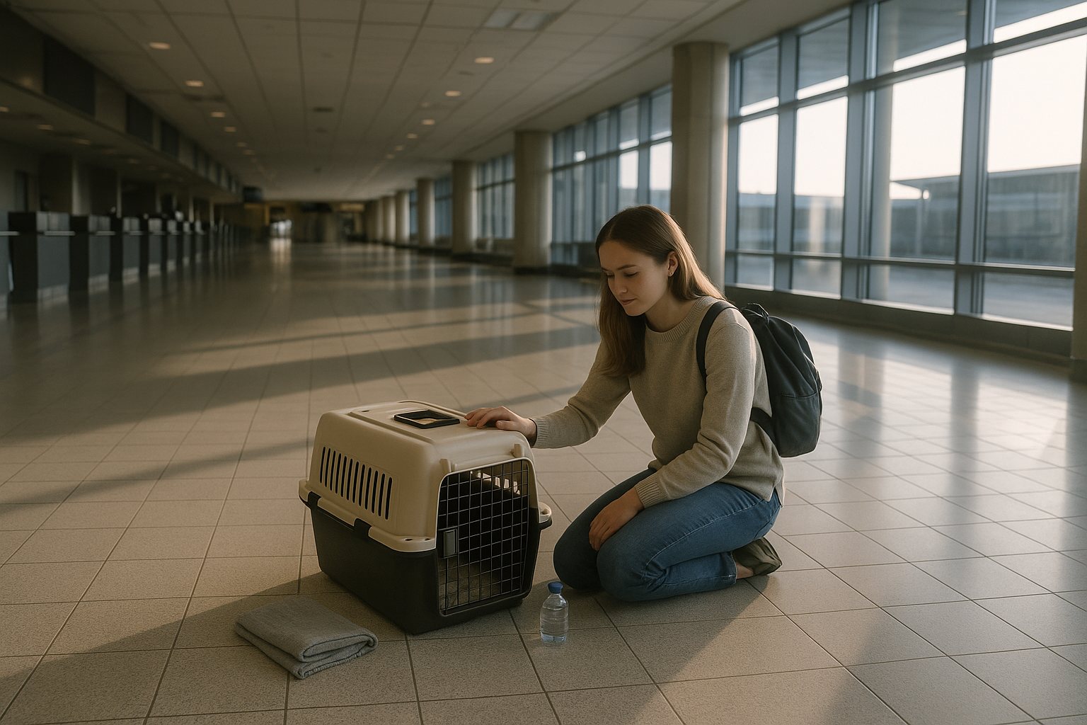 A wooden-and-metal IATA-style airline pet travel crate placed on the tiled floor of a quiet Sofia airport concourse, with a calm tan-coloured medium dog visible behind the front bars, lying down and alert