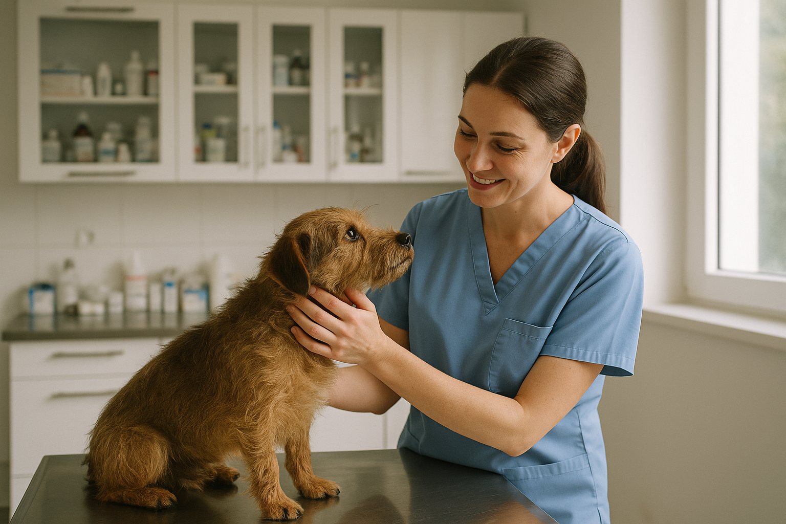 Interior of a modern Bulgarian small-animal veterinary clinic with a female vet in light blue scrubs gently examining a small scruffy brown rescue dog on a stainless steel table