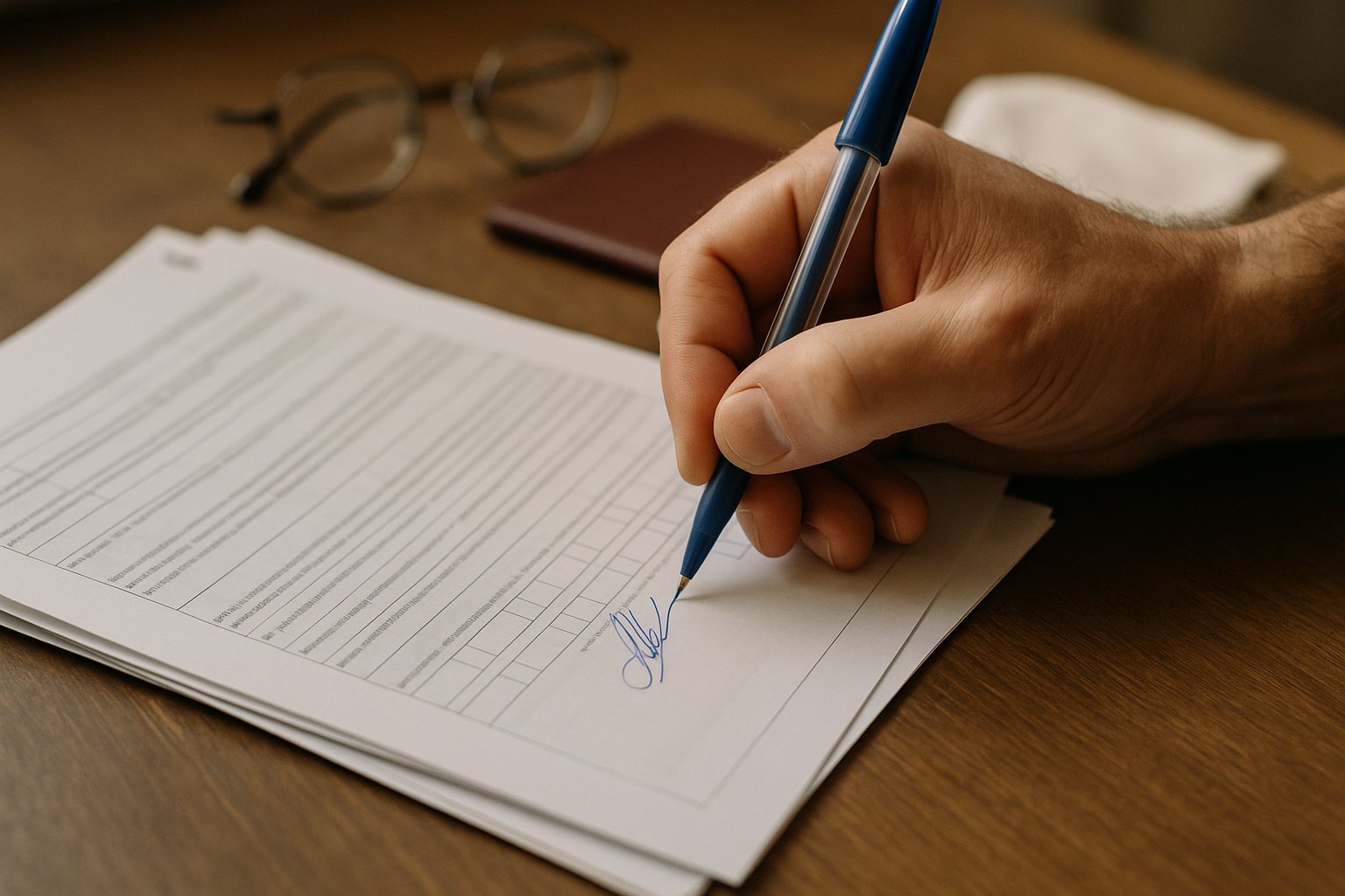 A close-up of a hand signing the bottom of a printed form with a blue ballpoint pen, with a burgundy travel document and reading glasses on the desk beside