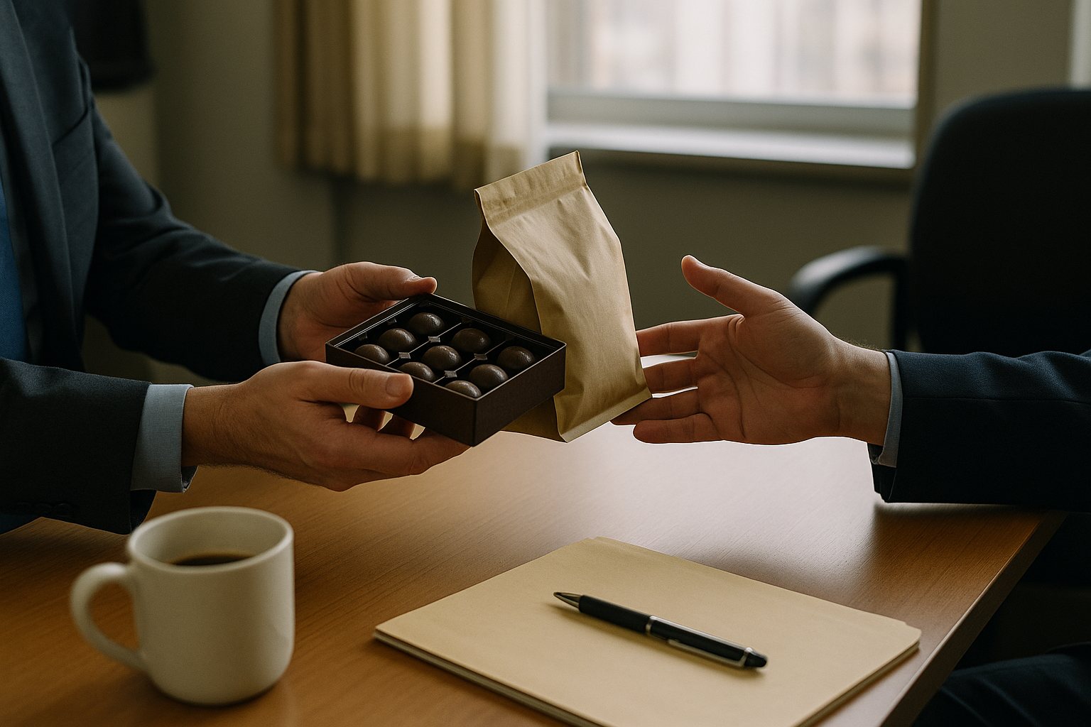 Two hands meeting across a desk, one offering a small unmarked box of chocolates and a packet of coffee, the other reaching to accept