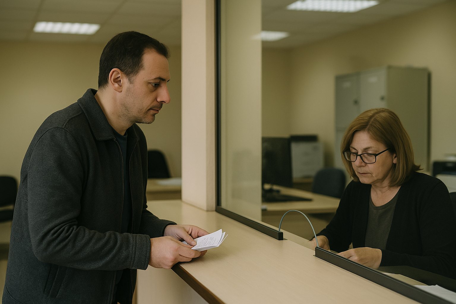 A British expat at a Bulgarian municipal service counter, separated from the clerk by a clear glass window with a small opening at desk level