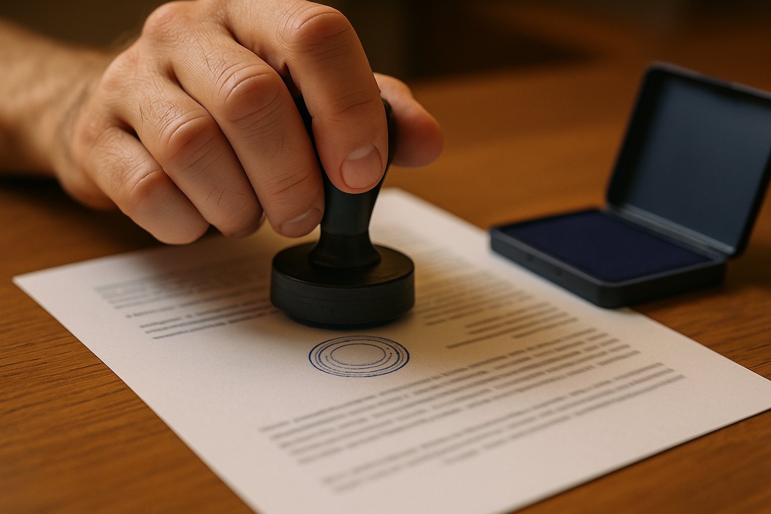 A hand pressing a round rubber office stamp onto a printed form, leaving a fresh blue ink impression