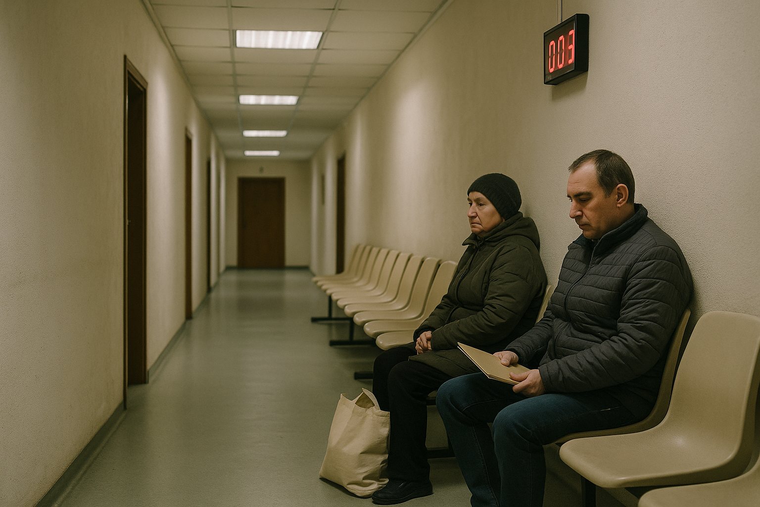 An institutional corridor with plastic chairs along the wall and a small queue-number display, two people seated and waiting patiently