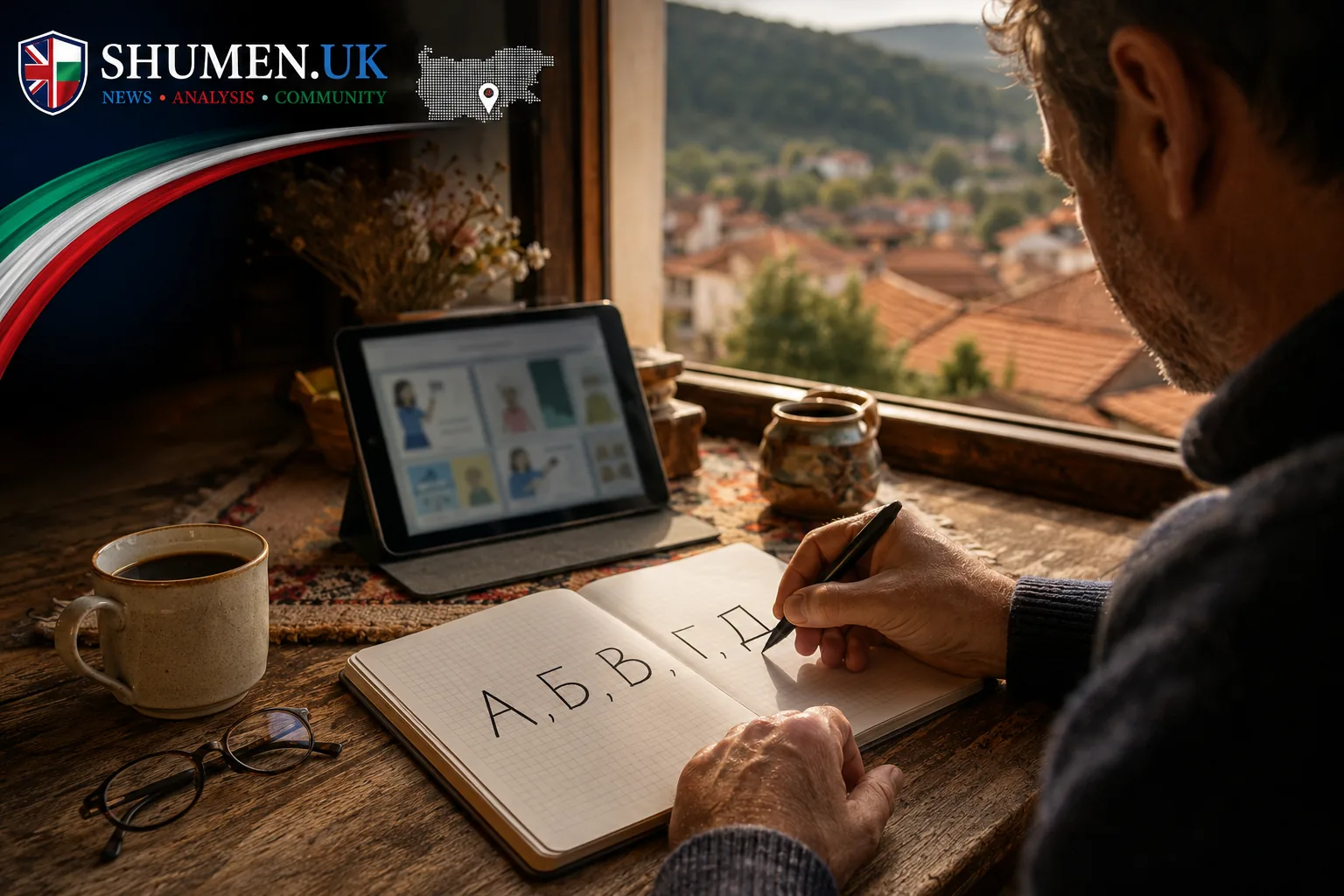 A learner studying Bulgarian language skills at a desk