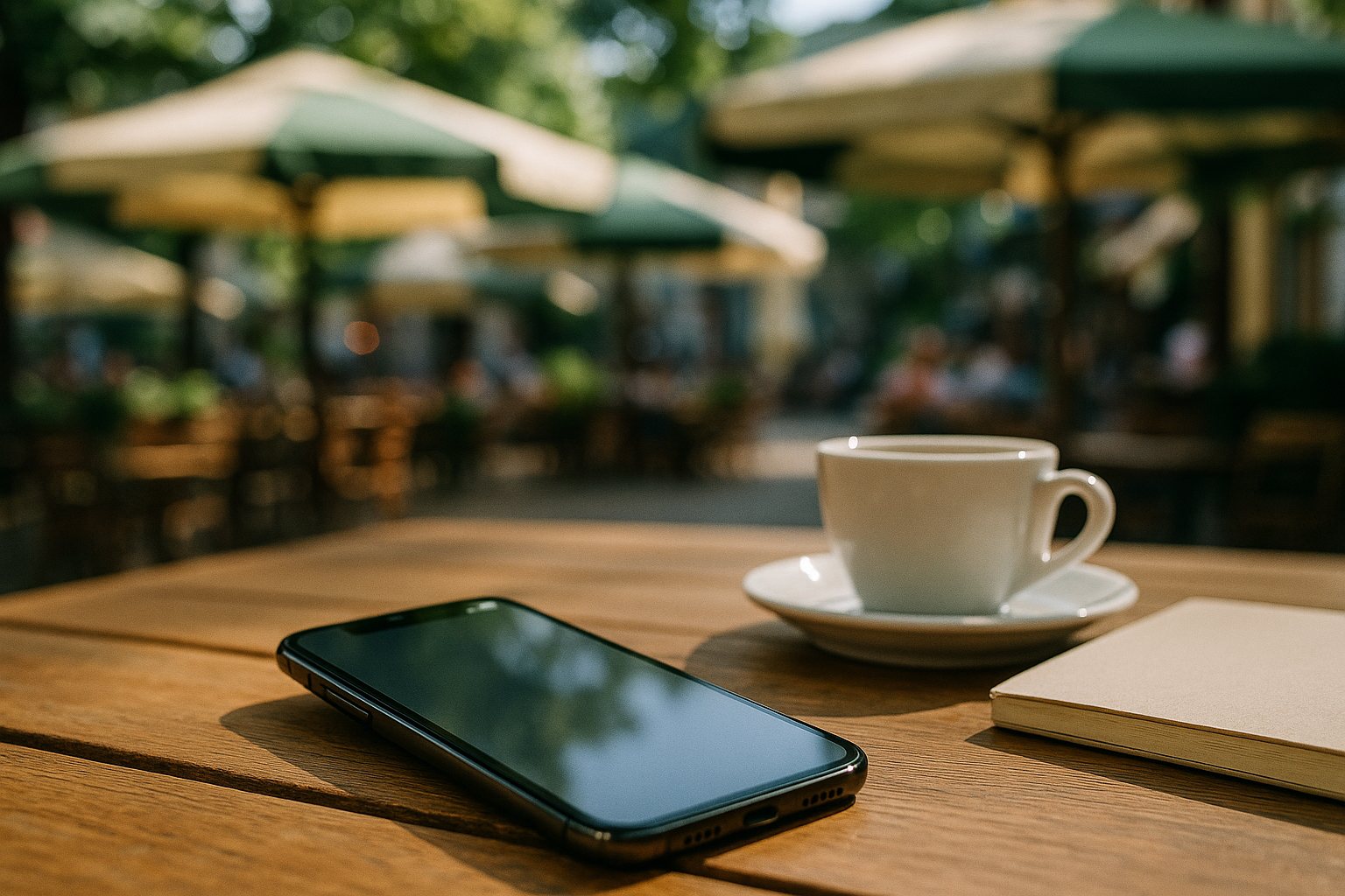 A modern smartphone on a Bulgarian outdoor cafe table showing a status bar with two signal indicators, suggesting a dual-SIM setup