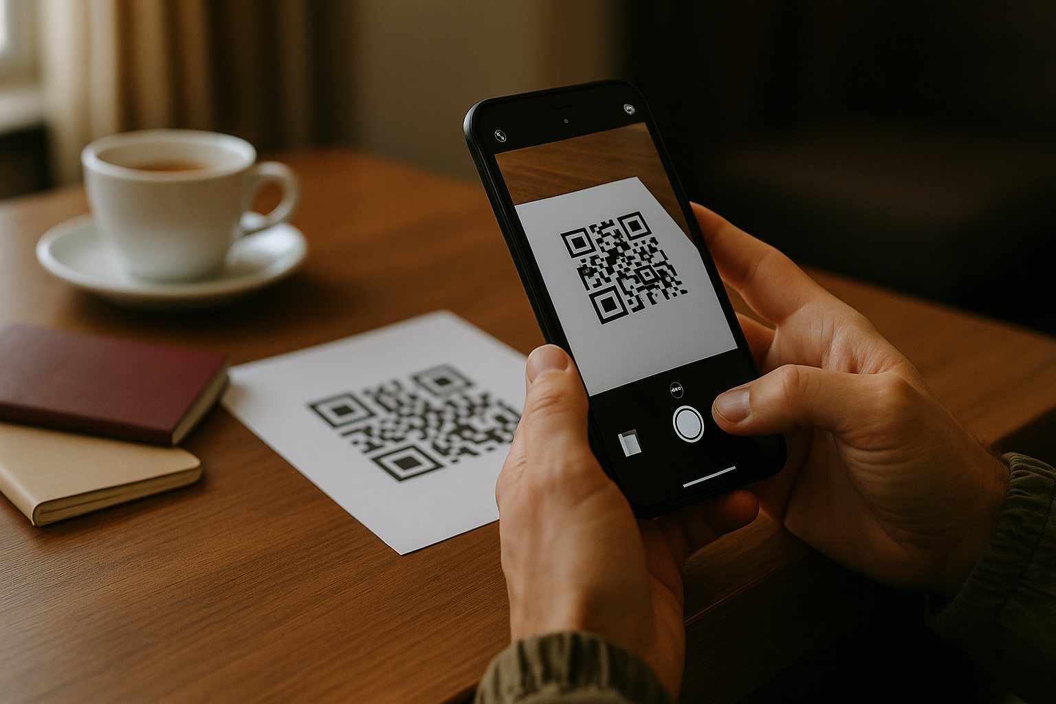 A traveller holding a smartphone over a printed QR code on a hotel desk, simulating eSIM activation
