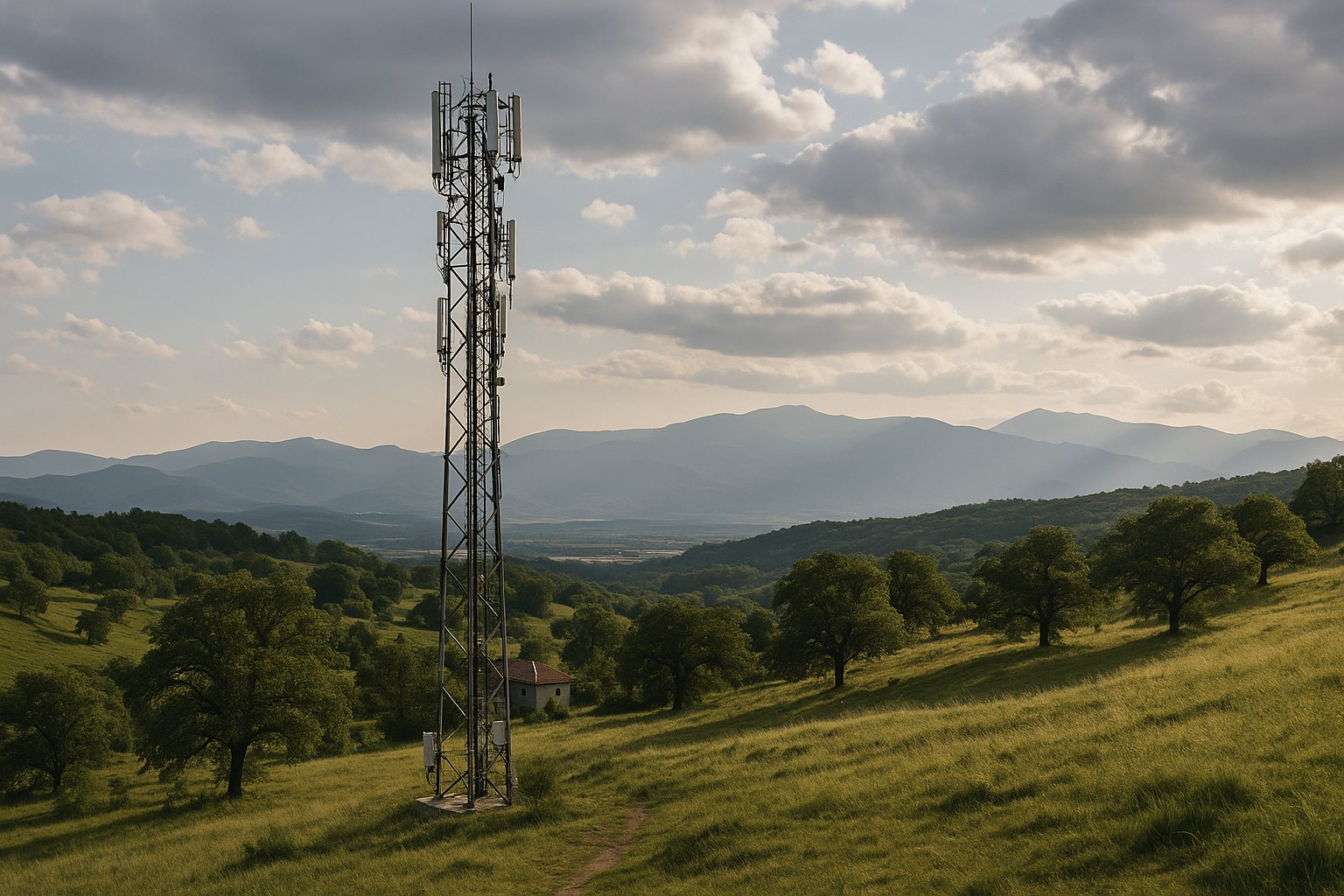 A cellular telecommunications mast on a hillside in rural Bulgaria with green meadows and a distant village