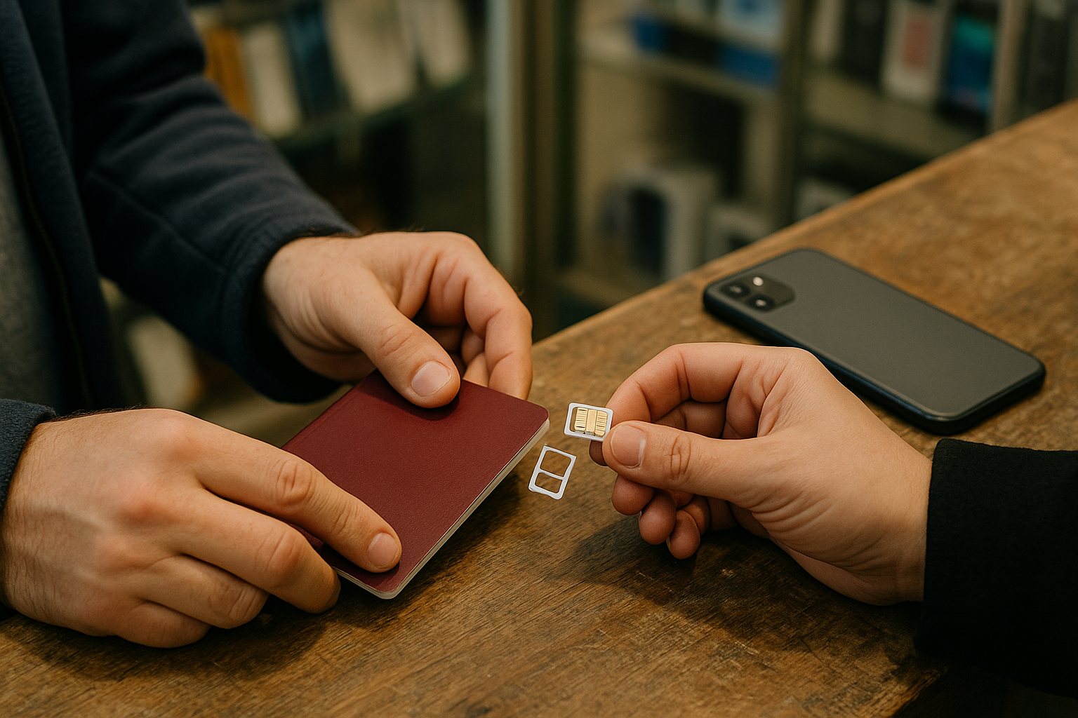 Hands holding a UK passport and a Bulgarian SIM card on a wooden counter inside a phone shop