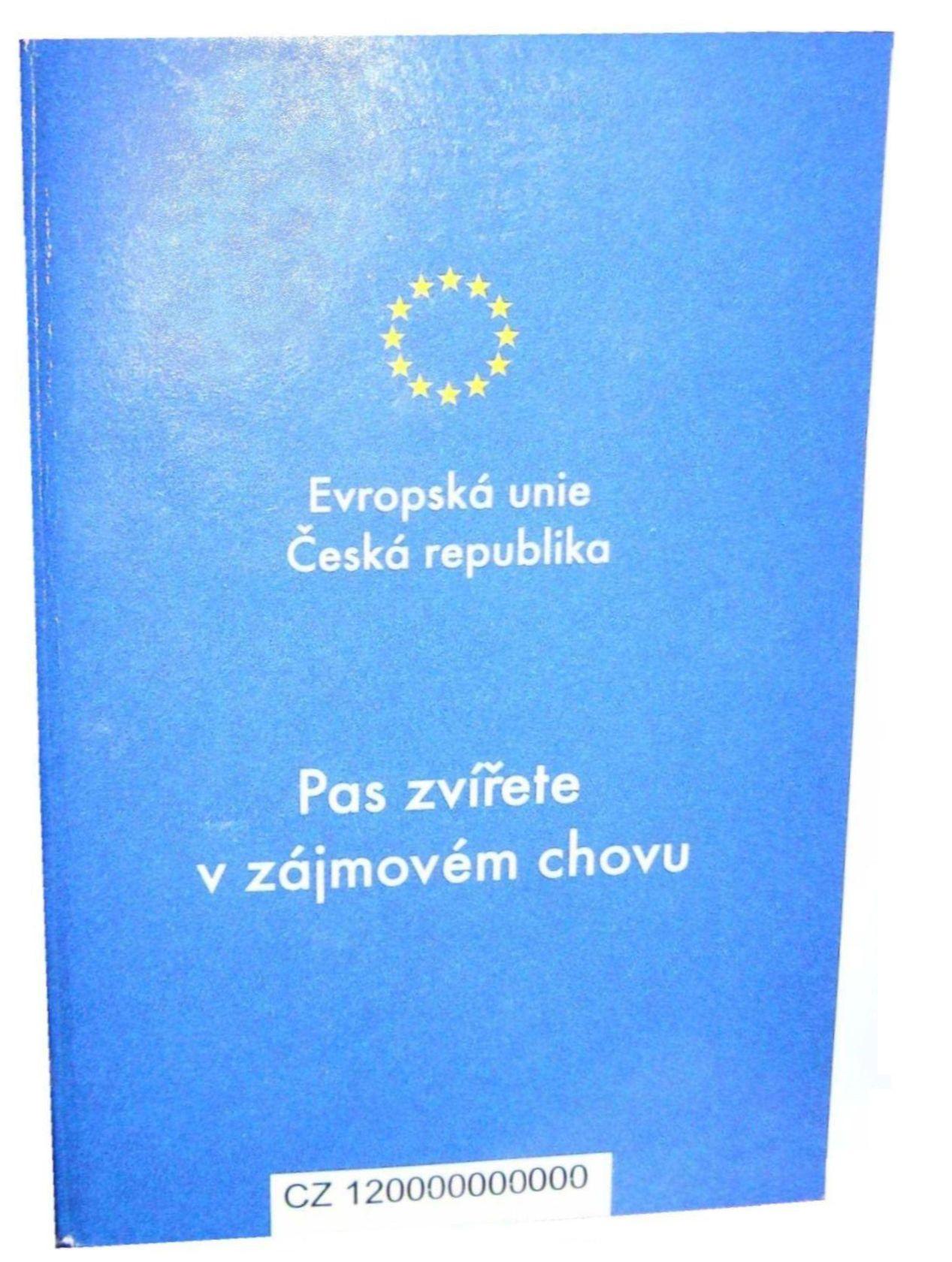 An EU pet passport, blue booklet with the EU stars and yellow lettering