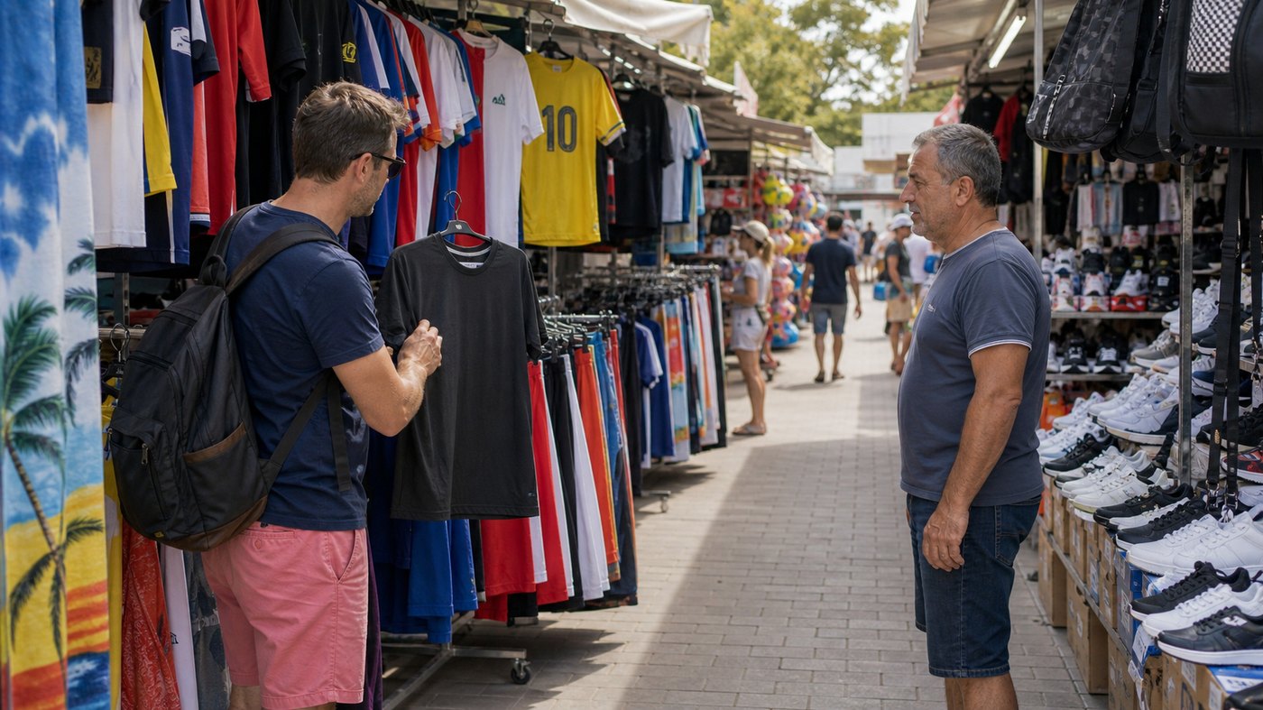 Stalls at the top of Flower Street selling football shirts and trainers