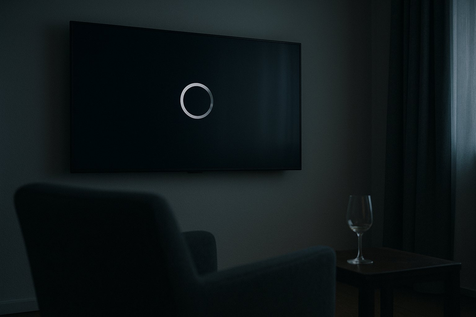 A television in a dimly lit living room showing only a white circular loading spinner on a black screen, suggesting a stalled stream