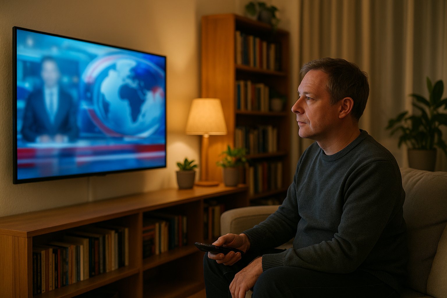 A British expat in a Bulgarian apartment living room watching a wall-mounted television in the evening