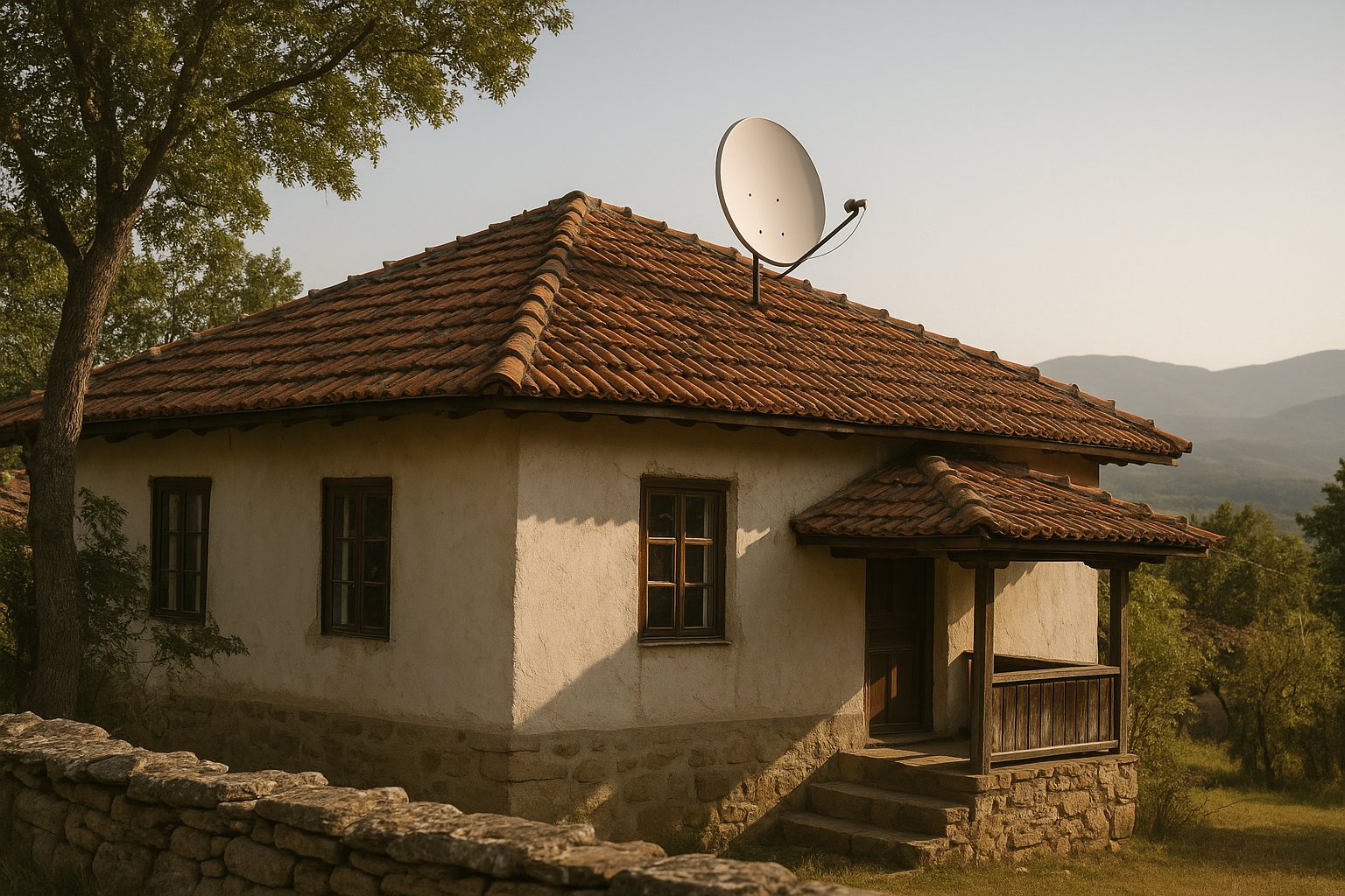 A satellite TV dish mounted on the gable end of a traditional Bulgarian village house with red clay roof tiles