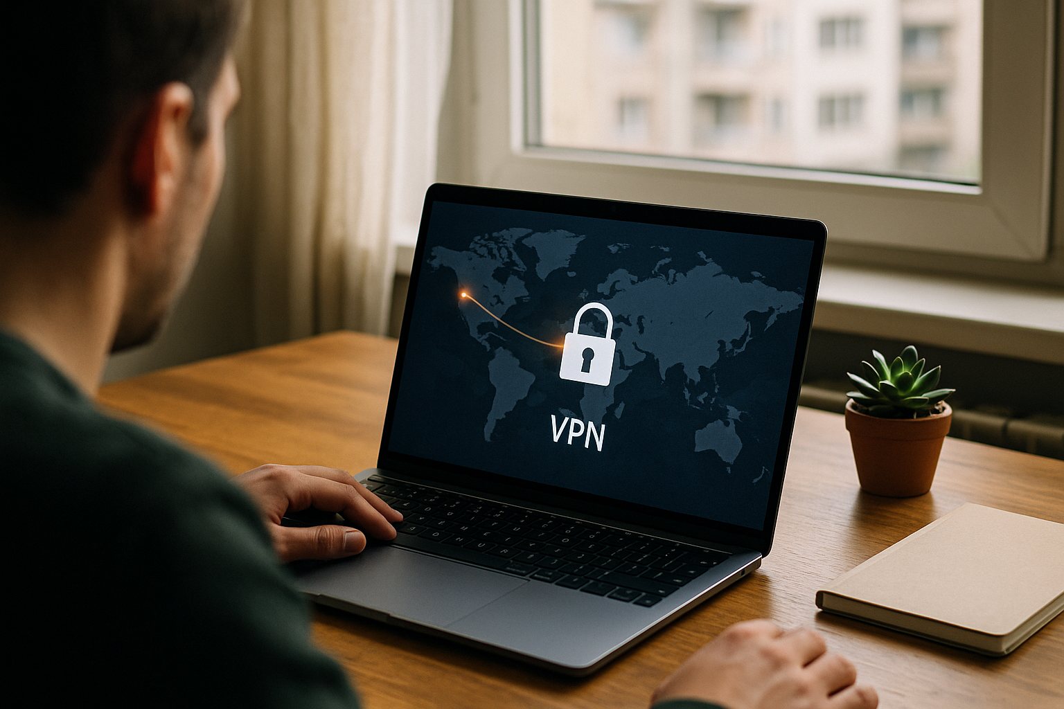 A laptop on a wooden desk in a Bulgarian apartment showing a stylised VPN connection screen with a glowing line between two map points