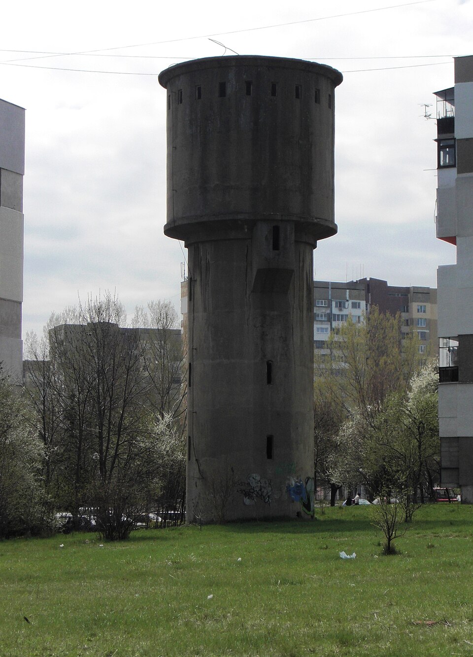 Water tower in Lyulin district, Sofia, behind a residential street