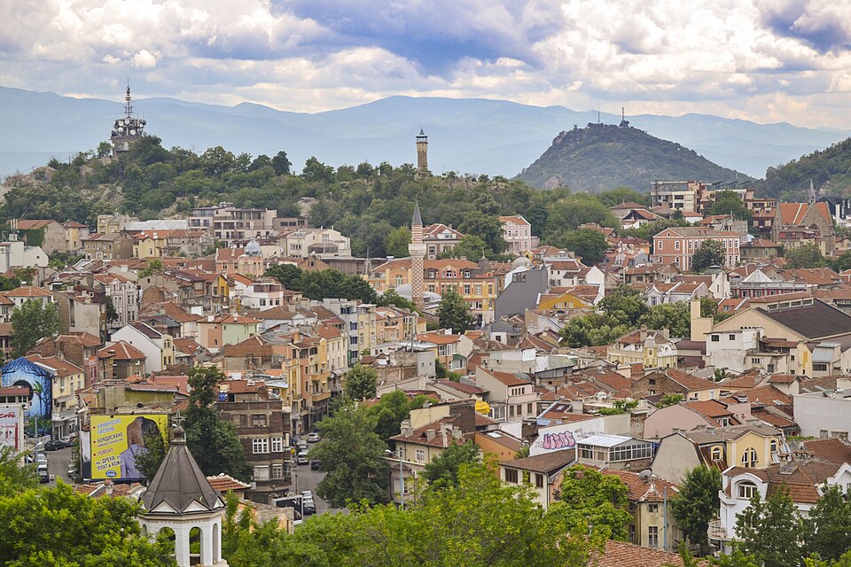 View over Plovdiv old town with Bulgarian Revival houses on the hillside