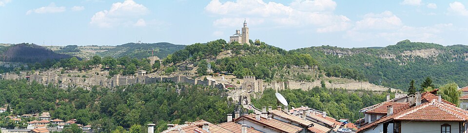 Panorama of Tsarevets fortress at Veliko Tarnovo, with the medieval citadel on a forested ridge
