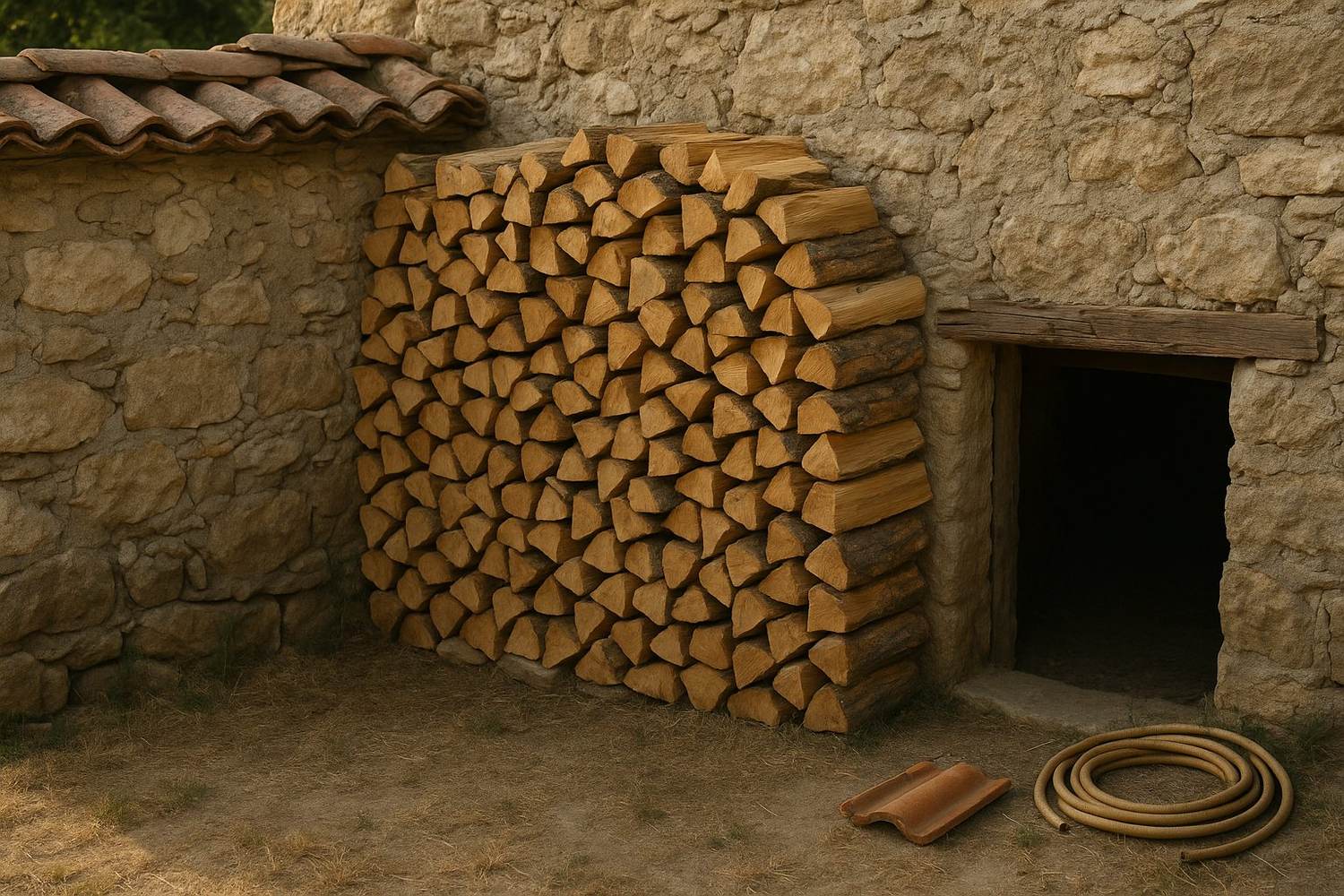 A woodpile stacked against the rough stone wall of an old rural Bulgarian house beside a cellar doorway